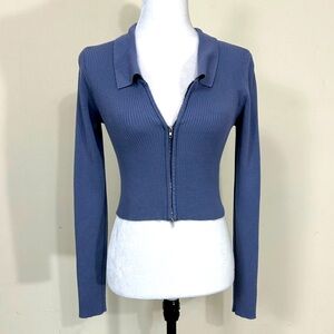 EUC Luna Ivy Slate Blue Rib Knit Cropped Stretch Long Sleeve Zip Jacket Top S/M